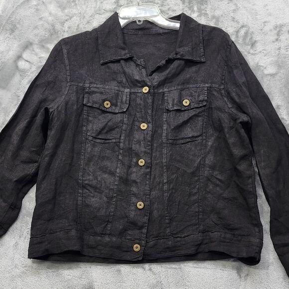 Italian Linen Jacket Womens S Black Long Sleeve Button Front Lightweight Trucker - Picture 2 of 10